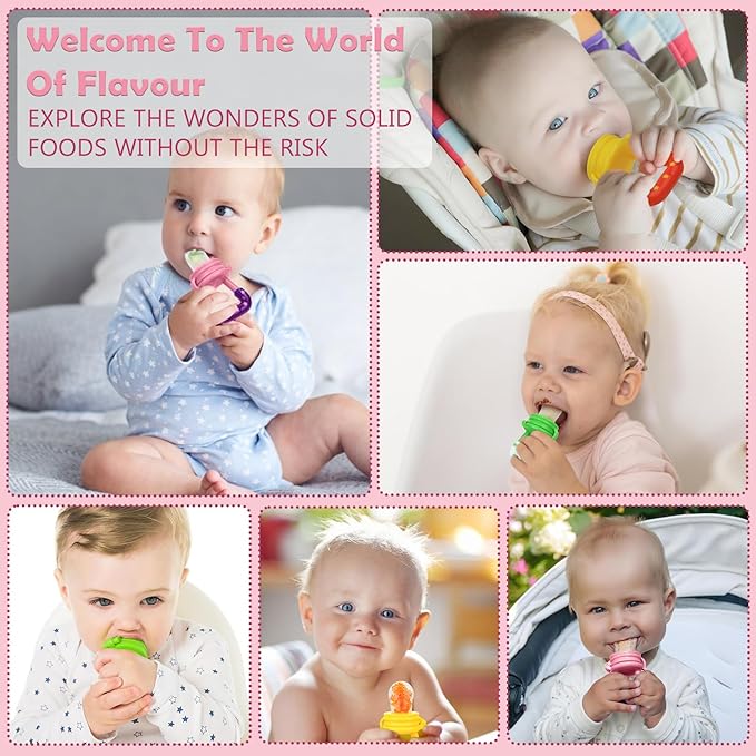 WAJIAYON Baby Fruit Feeder/Food Feeder Pacifier (3 Pack)- Infant Teething Feeders | Silicone Teether Feeder Babies | Baby Feeding Essentials | Food Pacifier for Babies - Pink