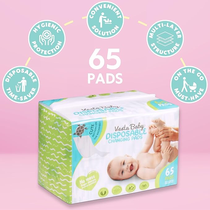Vesta Baby 65 Disposable Changing Pads - Soft Absorbent Leak Proof Pee Mats - White Portable Diaper Change Underpads for Bed & Table Protection - 15" x 20" Waterproof Liners