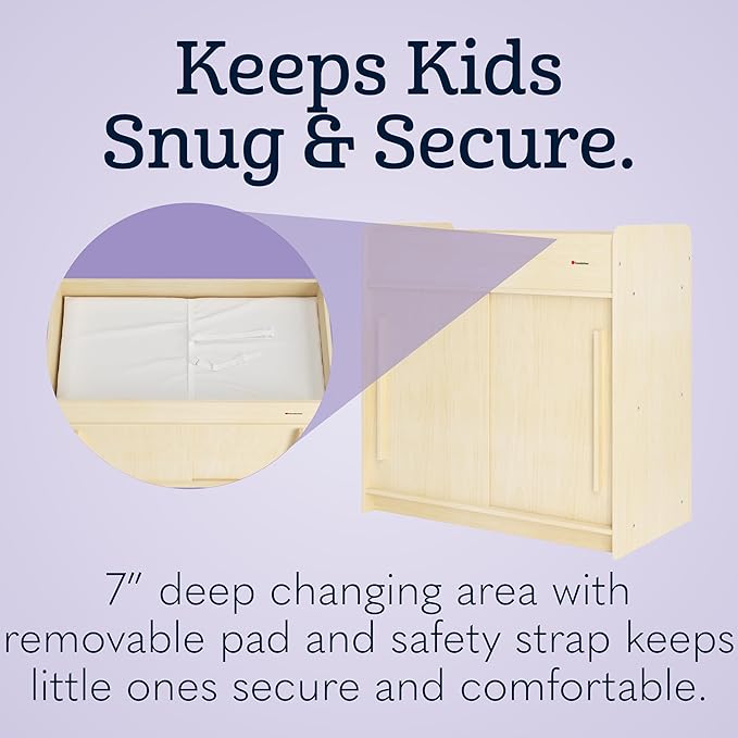Foundations SafeGlide Daycare Changing Table, Durable Wood Construction, Built-in Shelving for Ample Storage, Gliding Doors, Adjustable Safety Strap, Includes Foam Mattress Pad, Natural