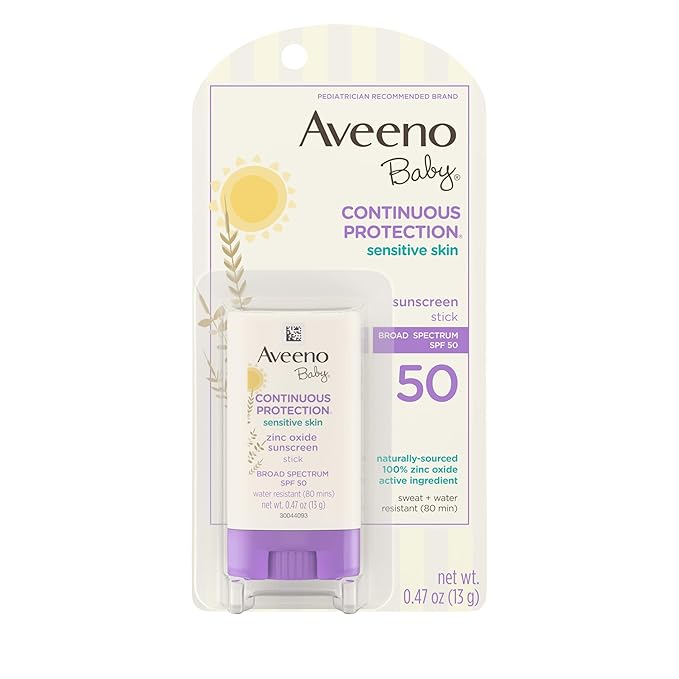 Aveeno Baby Continuous Protection Mineral Sunscreen Stick for Sensitive Skin with Broad Spectrum SPF 50 Protection for Face & Body, Naturally Sourced 100% Zinc Oxide, Travel Size, 0.47 oz
