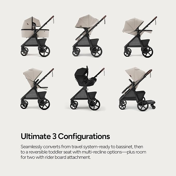 Mompush Ultimate 3 Full Size Baby Stroller from Newborn to 50 lbs - All-Terrain Large Wheels with Full Suspension, Reversible & Extendable Seat for Growing Kids, One-Second Compact Fold