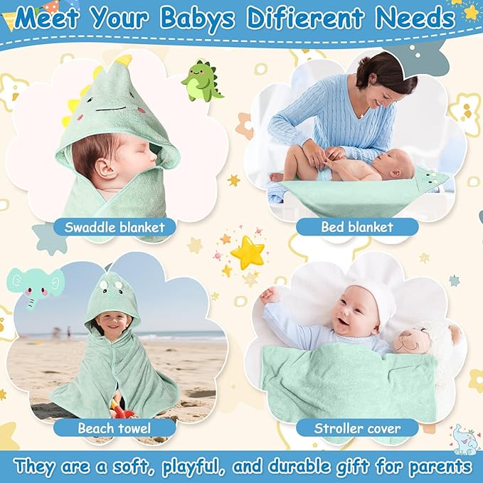 8 Pcs Baby Towel and Washcloths Set, Soft Baby Towels, 2 Pcs 32x32 in Cute Baby Towel with Hood and 6 Pcs Baby Washcloths for Infants, Toddlers and Kids (Green Elephant & Dinosaur)