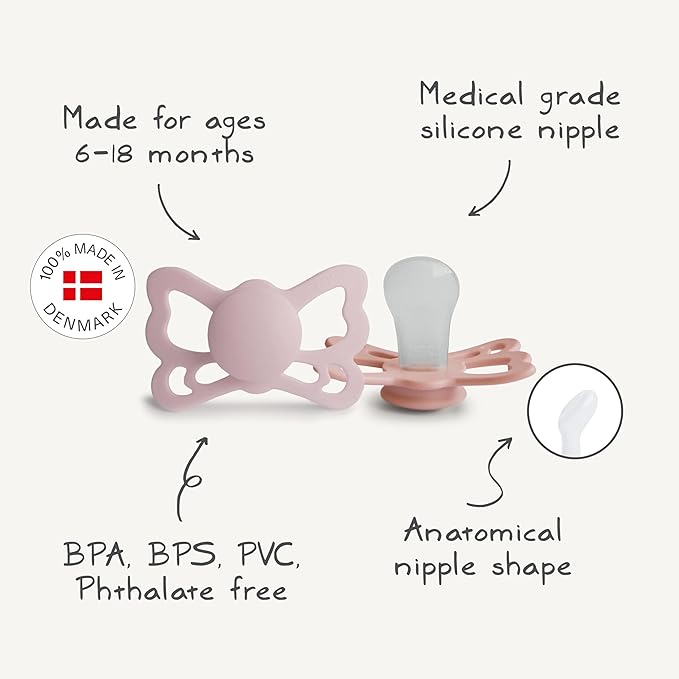 FRIGG Butterfly Anatomical SilkySoft Silicone Baby Pacifier | Made in Denmark | BPA-Free (White Lilac/Twilight Mauve, 6-18 Months)