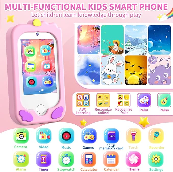 Kids Smart Phone for Girls, Kids Cell Phone Toy with 2.8” Touchscreen | Dual Cameras | Learning | MP3| 32 GB Card | Audiobooks,Toddler Play Phone Christmas Birthday Gift for Age 3 4 5 6 7 Year Old