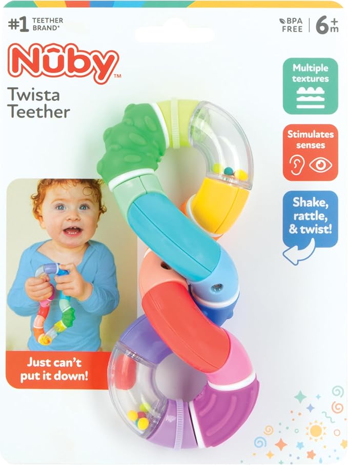 Nuby Twista Teether Toy for Babies - Multicolor Rattle Teething - Toy for Baby Teething Relief - 6+ Months