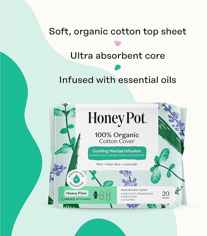 The Honey Pot Company - Herbal Panty Liners for Women - Heavy Flow w/Wings - Infused w/Essential Oils for Cooling Effect & Organic Cotton Cover - Feminine Care - 20 ct
