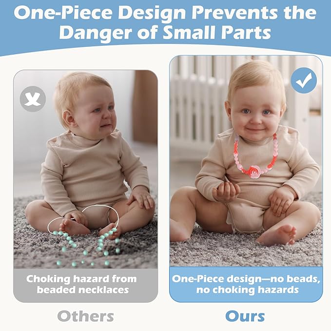 Teething Necklace for Baby, One-Piece Safety Design for Toddler, Chew Necklaces for Sensory Kids Adults with Autism, ADHD, Fidget, Biting, Anxiety - Flower Chew Jewelry Toys for Teething Relief