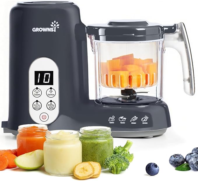 Grownsy Baby Food Maker with Steam Basket, One Step Baby Food Processor Steamer Puree Blender Grinder Mills Machine, Auto Cooking Grinding and Sterili-zing for Healthy Homemade Baby Food, Dark Grey