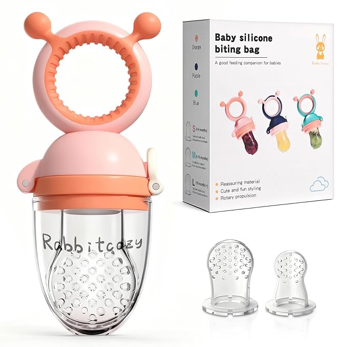 Baby Fruit Food Feeder Pacifier with 3 Different Size Silicone Pouch,Teethers for Babies 6-12Months, Baby Solid Food Essentials, Push Pop Silicone Feeder, Nutrition Feeder, BPA Free, 1 Pice, Orange