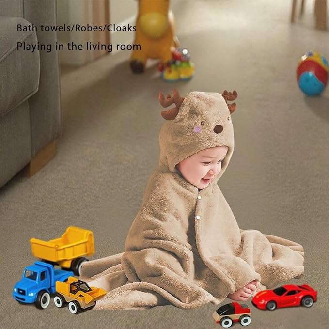 Toddler Bath Towel Baby Towels with Hood 27.5"X55" Ultra Absorbent Soft Bathrobe Blanket Kids Shower Towel for Girls and Boys(Beige Deer)