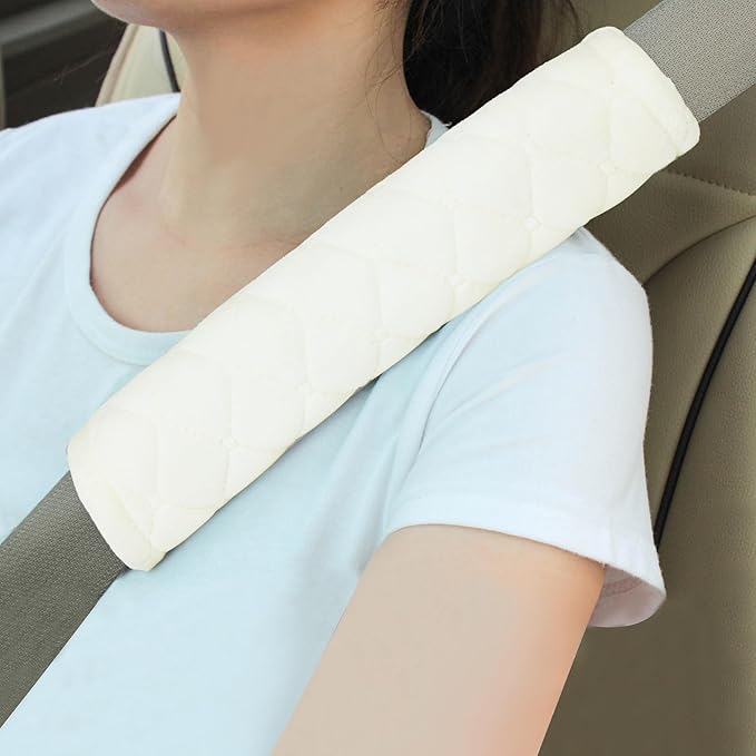 Amooca Soft Auto Seat Belt Cover Seatbelt Shoulder Pad Cushions 2 PCS for a More Comfortable Driving Universal Fit for All Cars and Backpack Off White