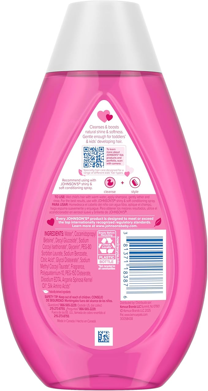 Johnson's Shiny & Soft Kids' Shampoo with Argan Oil & Silk Proteins, Daily Kids’ Hair Wash Gently Cleanses & Boosts Natural Shine & Softness, No Added Parabens & Sulfates, 13.6 fl. oz