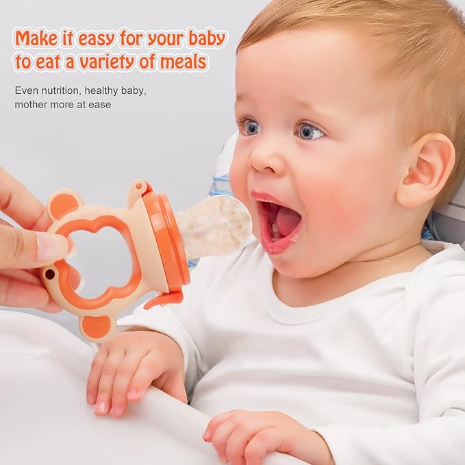 Baby Fresh Fruit Feeder Pacifier, 2 Pack HAOBAOBEI Baby Teether for Chewing, Freezable Infant Teething Toy, Teething Relief, Food Feeder with 4 Silicone Pouch, BPA Free - Monkey (Orange & Blue)