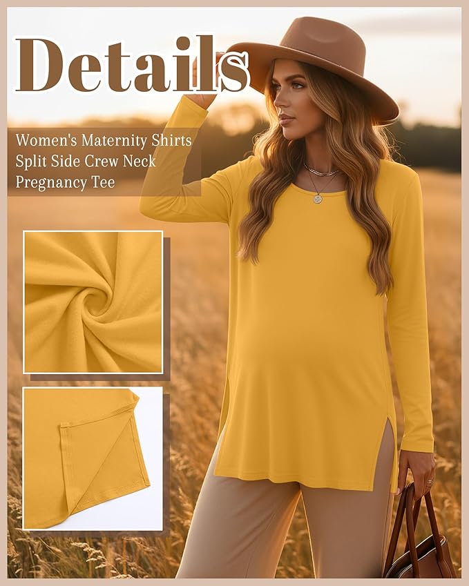 Riyiper 3 Pack Women's Maternity Long Sleeve T-Shirts Round Neck Side Split Tops Loose Casual Pregnancy Mama Clothes Fall