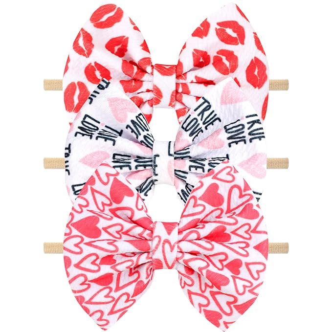 Valentine's Day Baby Headbands Pink Red Love Heart Printed Elastic Nylon Valentines Hairbands for Baby Girls Newborn and Infant 3 Pcs (Valentine's Day- A)