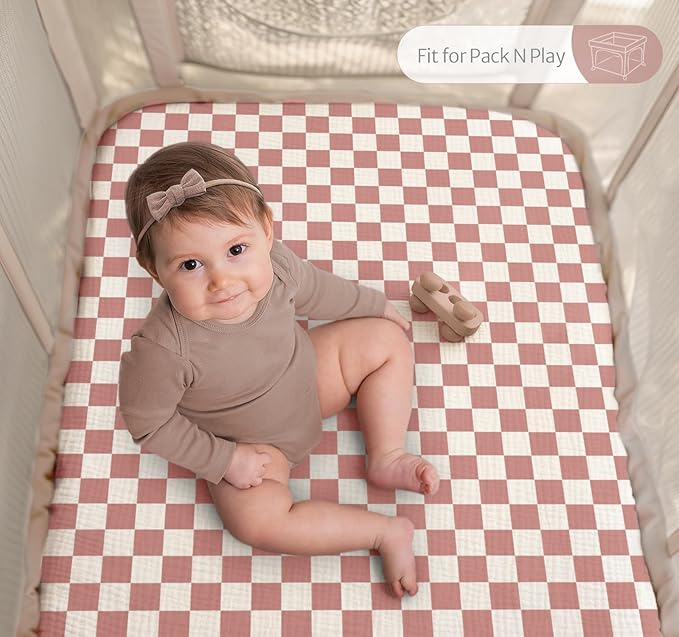 Blissful Diary Muslin Mini Crib Sheets, Pack and Play Mattress Sheets Fitted for Pack N Play, Soft Cotton for Boys Girls, 2 Pack(Dusty Pink Checkboard & Dusty Pink)