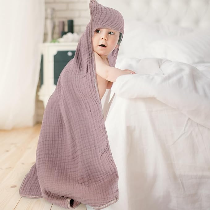 Peryiter 4 Pcs Muslin Hooded Baby Towels 32x32inch Cotton Newborn Bath Essentials Muslin Infant Blankets Absorbent Registry Baby Shower Present for Babies Girl Boy Kids (Beige Series)