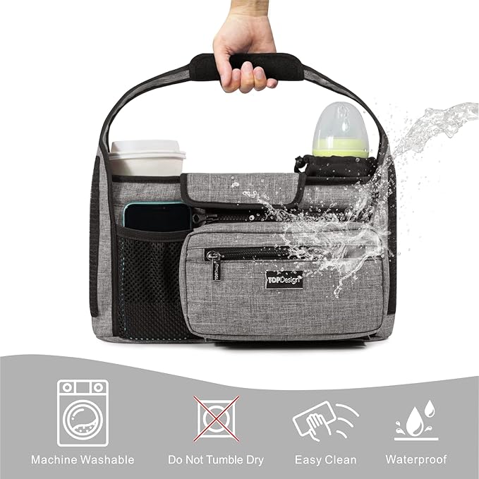 TOPDesign Universal Baby Stroller Organizer, Stroller Caddy with Heightened Insulated Cup Holders & Non-Slip Secure Hooks Accessories, Fits Most Strollers, Machine Washable (Zoo)