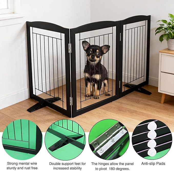 ZJSF Freestanding Dog Fence Indoor, Foldable Dog Gate for Doorways, Stairs or Hallways, Sturdy Wood Extra Wide Pet Gate with Support Feet for The House, Black, 24 "Height-3 Panels