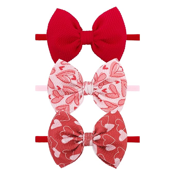 YanJie Nylon Valentines Bows for Baby Girls Red Heart Bow Headband Newborn Toddler Infant Hot Pink Hair Bow Valentines Day Headband Hair Accessories