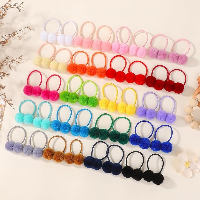 40Pcs Girls Hair Accessories - Small Fluffy Pom Ball Elastic Ponytail Holders and Rubber Bands for Baby Girls, Toddlers, Infants