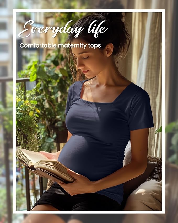 4 Pack Women's Maternity Shirts Cotton Square Neck Pregnancy Tops Side Ruched Summer Short Sleeve Tees Multipack