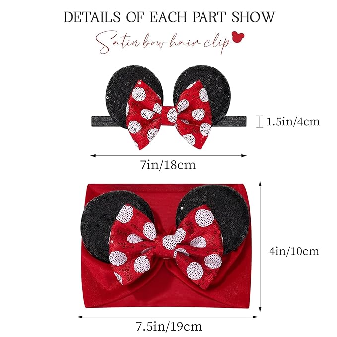 choicbaby Baby Girl Headbands Mouse Ears Headwrap with Sequin Polka Dot Bow Soft Stretchy Nylon Hair Bands for Newborn Infant Baby Toddler Girls- Pack of 2