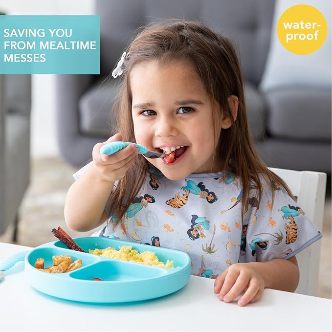 Bumkins Disney Short Sleeve Bib for Girl or Boy, Toddler and Kids for 1-3 Years, Large Size, Essential Must Have for Junior Children, Eating, Mess Saving Soft Fabric Apron for Play, Jasmine