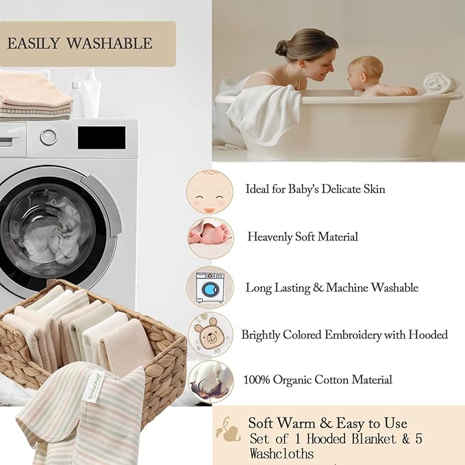 6-Pack Organic Cotton Baby Bath Set - Ultra Soft Embroidered Hooded Towel and 5 Washcloths, Premium Gentle Newborn, Toddlers Gift for Sensitive Skin, Stripes, 30 x 30 Inch