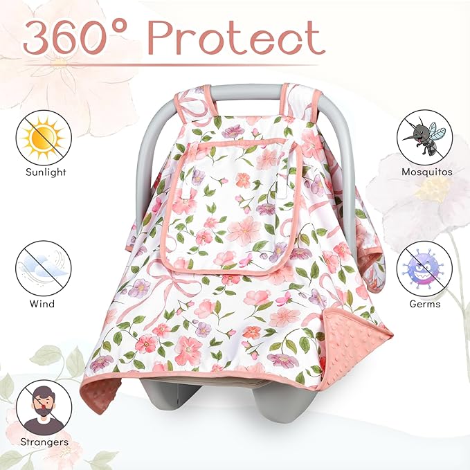 Baby Carseat Seat Cover Girls, Winter Carseat Canopy, Cozy & Warm Cover with Zipper Peep Windows, Infant Minky Carrier Cover, Soft Breathable, Baby Must Have, Pink Bow