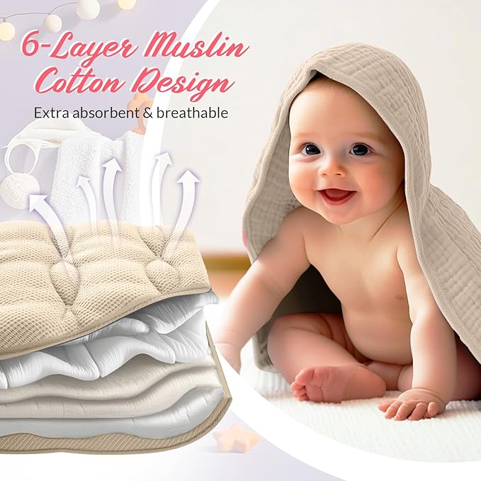 6 Pcs Muslin Hooded Bath Towels Washcloths and Bibs Set, Muslin Cotton Baby Towels Absorbent Hooded Blanket Towel Infant Bibs for Boys Girls Newborn Infant Essential(Pink, Brown)
