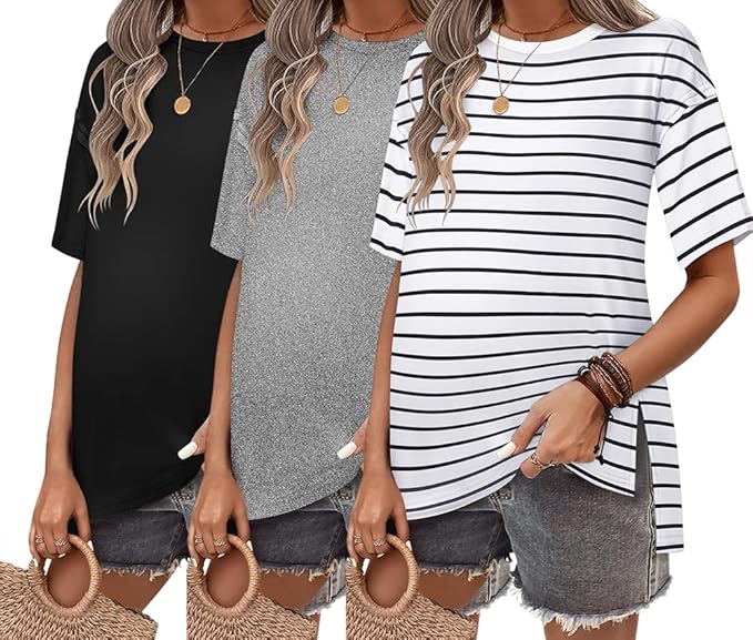 Ekouaer Maternity Shirts 3 Packs Short Sleeve Womens Oversized Pregnancy Tops Split Side Postpartum Blouse Clothes S-XXL