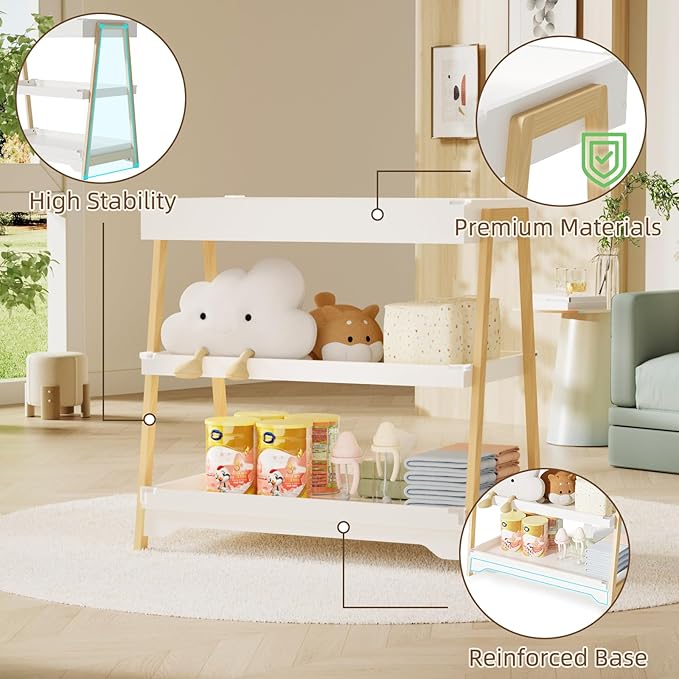 YUFU Baby Changing Table, Portable Diaper Changing Table with Changing Pad, Baby Diaper Changing Station with 2 Tier Storage Shelves for Newborn Baby and Infant, White/Natural