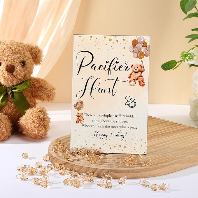 Roowest 51 Pcs Pacifier Hunt Baby Shower Game, Include Wooden Hunt Sign Bear Themed Baby Shower Sign Board with 50 Acrylic Pacifier Game for Gender Reveal Party (Brown)