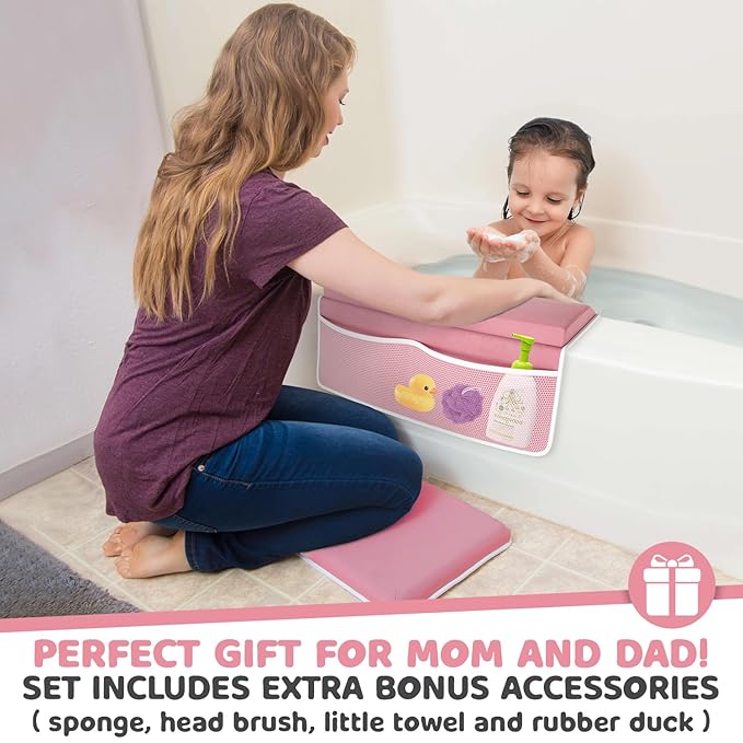 Sleepah Bath Kneeler and Elbow Kneeling Rest Pad Set for Baby Bathing – Waterproof Soft Memory Foam Mat Organizer Babies & Toddler Bathing Time Toys Sponge (Pink)