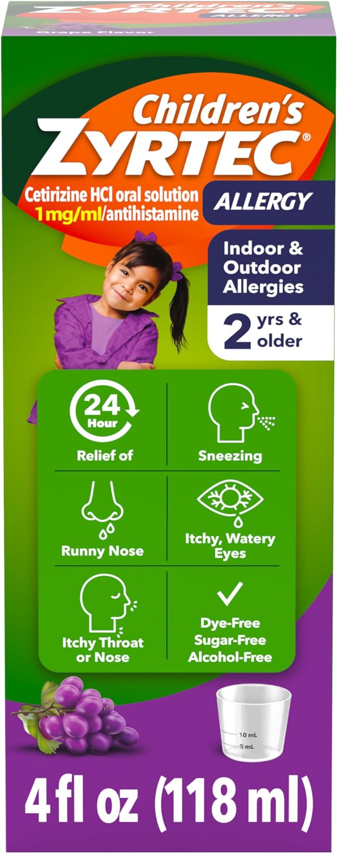 Children's Zyrtec 24 Hour Allergy Relief Syrup, 5 mg Cetirizine Hydrochloride Antihistamine, Kids Allergy Medicine for Indoor & Outdoor Allergy Relief, Dye- & Sugar-Free, Grape, 4 fl. oz