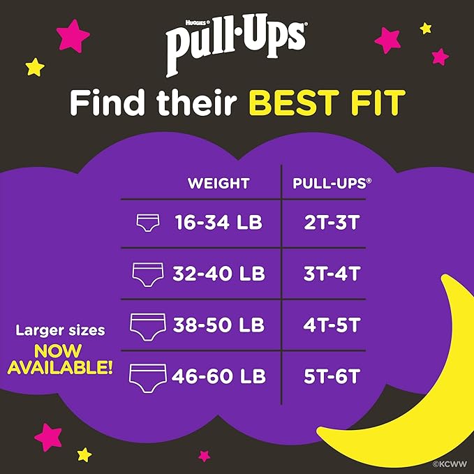 Pull-Ups Girls' Nighttime Potty Training Pants, Training Underwear, 2T-3T (16-34 lbs), 120 Ct, Packaging May Vary