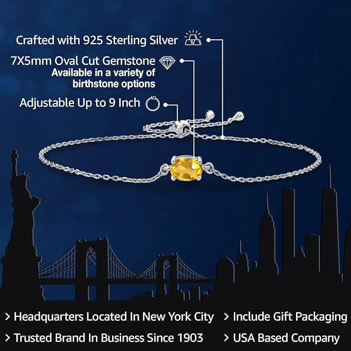 Gem Stone King 7X5MM Oval Gemstone Birthstone Solitaire Bracelet For Women | 925 Sterling Silver | Adjustable Bolo Bracelet For Women | Fine Jewelry Gifts for Her Mom Wife