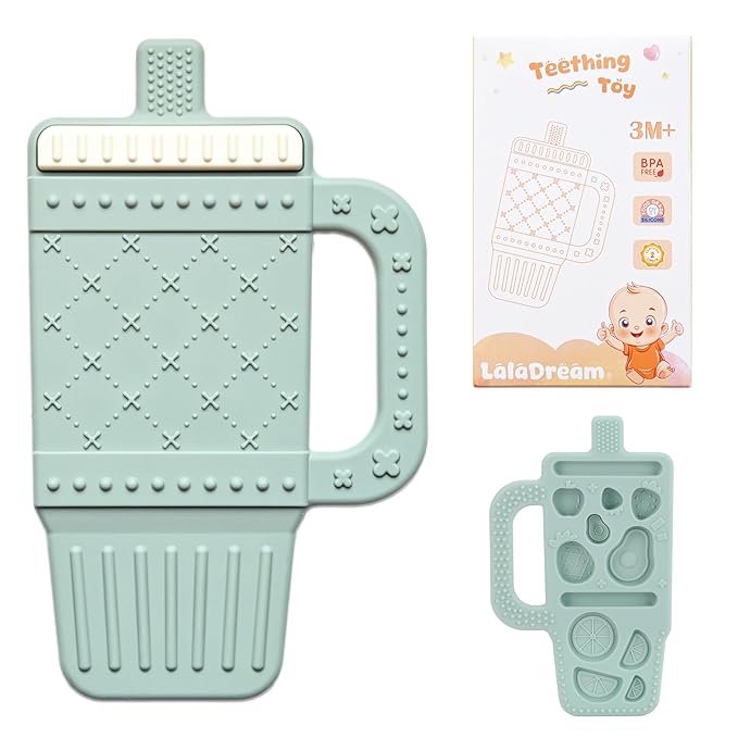 Baby Teething Toy Silicone Baby Teether for 3 6 12 18 Months Infant Tumbler Cup Shape Babies Teething Relief with Handle Toddler Chew Toys Food Grade BPA Free Teether Toys for Boys Girls Moody Blue