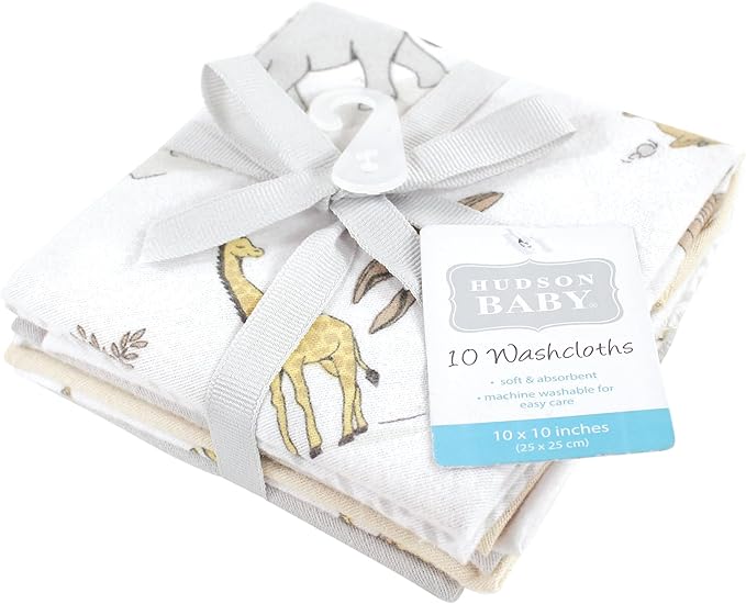 Hudson Baby Unisex Baby Flannel Cotton Washcloths 10-Pack, Neutral Safari World, One Size