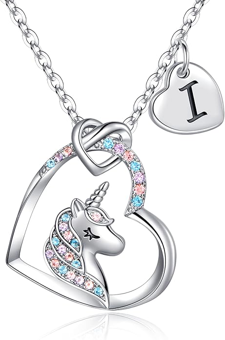 Hidepoo Valentines Gifts for Kids Girls - Unicorn Necklace Gifts for Teen Girls Kid, Colorful CZ Heart Pendant Initial Unicorn Necklaces for Girl Jewelry Birthday Gift for Girl Kid