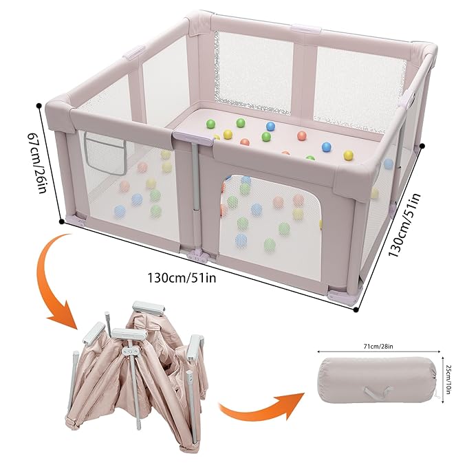 51" Foldable Baby Playpen with Mat, Playpen for Babies and Toddlers with Ocean Balls and Pull Links, Soft Breathable and Visible Mesh, Indoor and Outdoor Play Pen, Pink