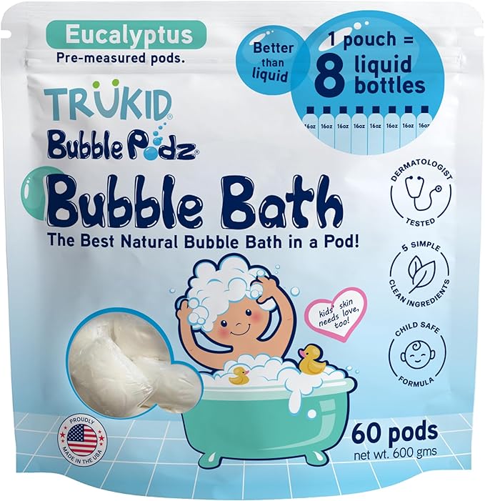 TruKid Bubble Podz Bubble Bath for Kids, Toddlers, & Babies, Tear Free Gentle & Refreshing Bath Bomb for Sensitive Skin with Natural Moisturizers, Non-Toxic, pH Balanced, Eucalyptus Scent (60 Podz)