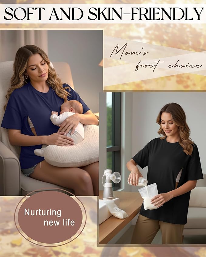 3 Pack Women's Oversize Nursing Breastfeeding Shirts Hidden Zipper Short Sleeve Loose Fit Maternity Tops