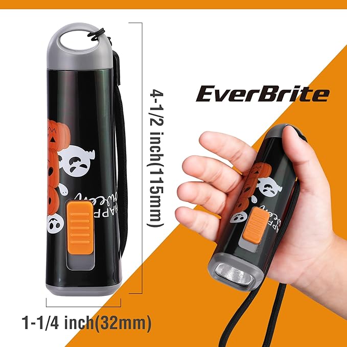 EverBrite Halloween Flashlights Halloween Gifts, Small LED Flash Light Handheld Torch with Lanyard 3AAA Battery Included, 1 Pack-Black