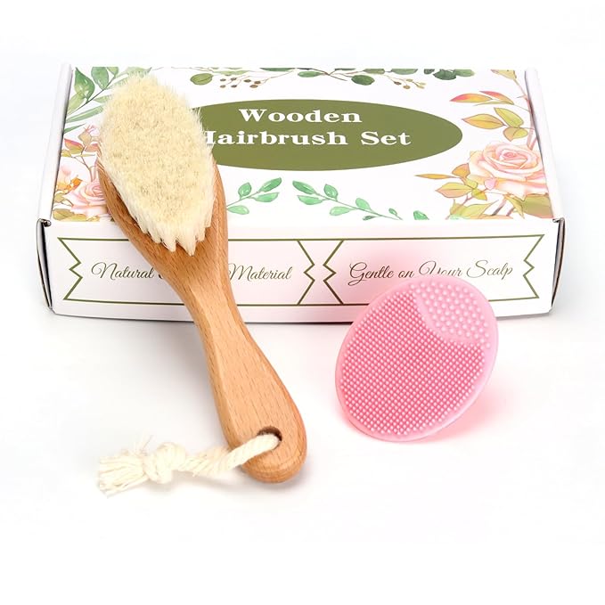 Baby Hair Brush, Wooden Goat Bristles Hair Brush with Silicone Hair Scrubber Cradle Cap Brush for Newborn, Toddler, Boys, Girls Perfect Scalp Grooming Product (Pink)