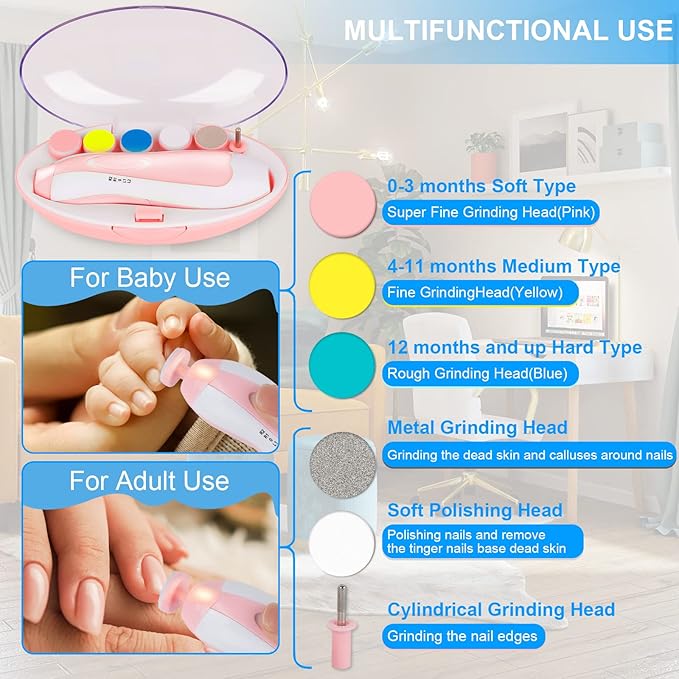 Baby Nail Trimmer Electric,Tinabless 6 in 1 Baby Nail File,Nail File Baby Grooming Kit Manicure Set for Toddler or Adults(Pink)