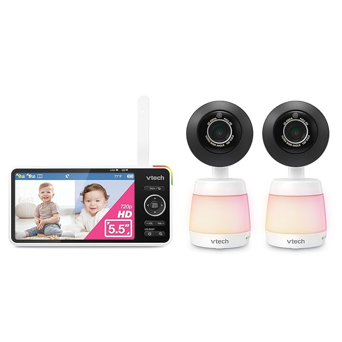 VTech 2-Cameras Smart WiFi Baby Monitor, 2K CMOS Sensor Camera, 5.5-inch HD IPS Screen, Split-Screen, Clear Infrared Night Vision, Pan-Tilt, 24x Zoom, 2-Way Talk, Free App: Smart HD Plus Twin