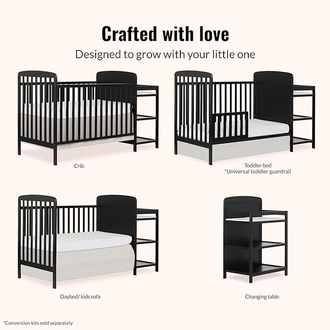 Dream On Me Anna 3-in-1 Convertible Full-Size Baby Crib & Changer with Storage in Black, GreenGuard Gold & JPMA, Pinewood, Converts to Day & Toddler Bed, 3 Mattress Heights, 1″ Changing Pad