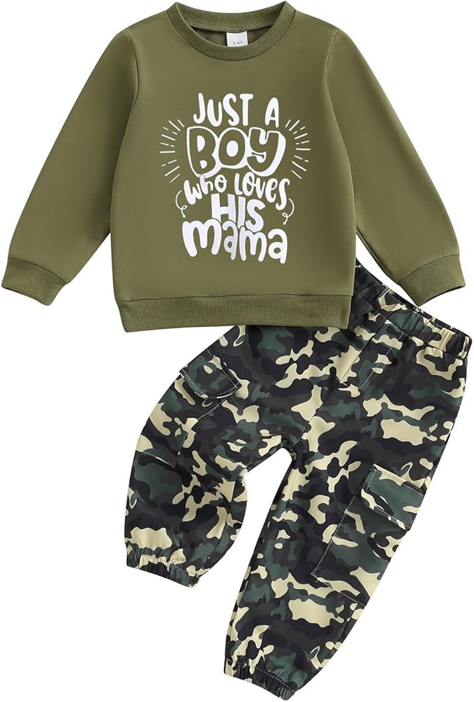 wdehow Toddler Kids Baby Boy Fall Outfits 1T 2T 3T 4T 5T Letter Print Long Sleeve Tops Camouflage Pants Winter Clothes Sets